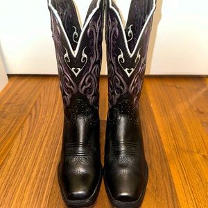 Justin Stampede Black Leather Cowboy Western Square Toe Boots Women's